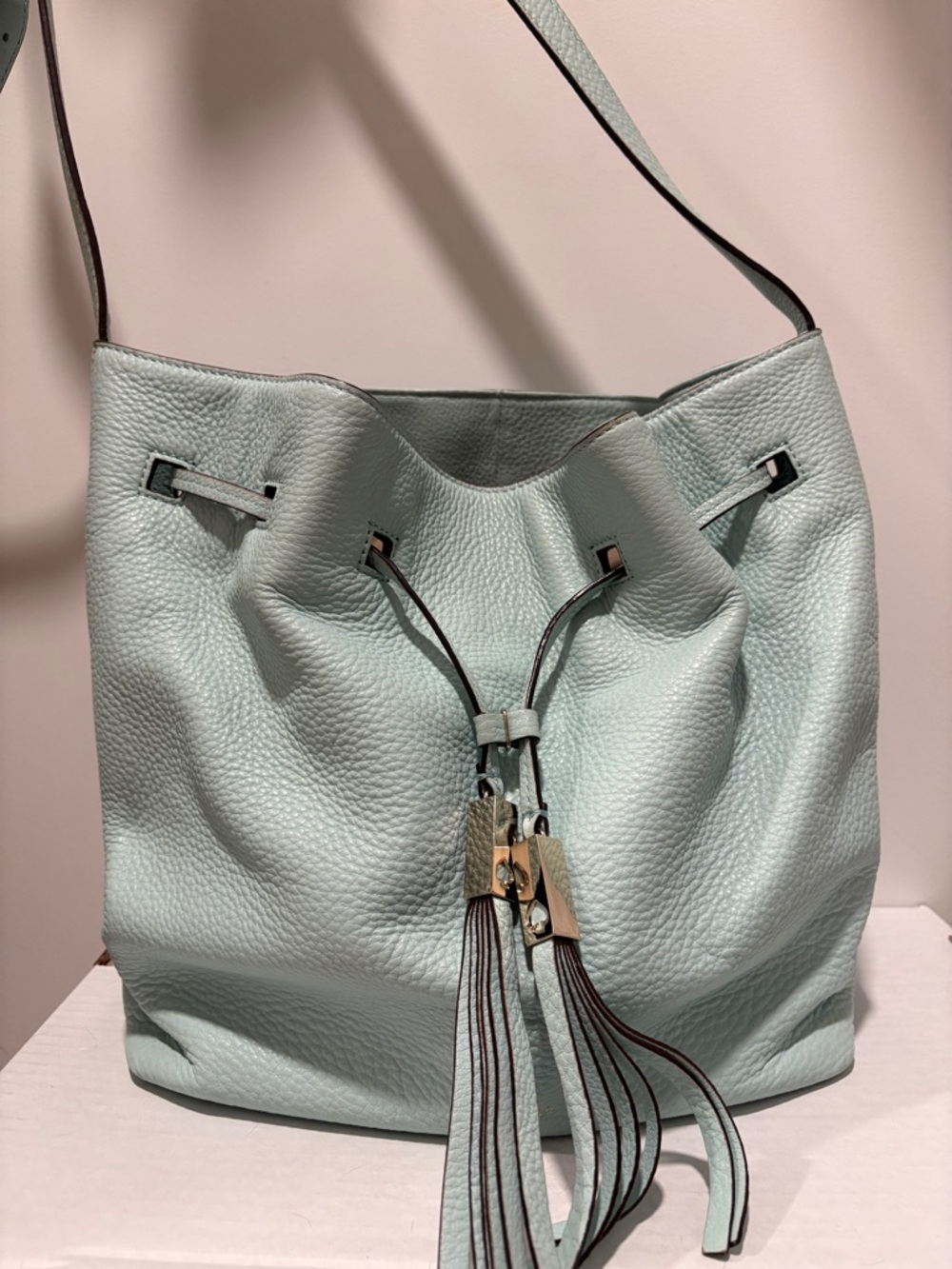 Kate Spade Pebbled Leather Bucket Shoulder Bag, Mint/Light Blue, Like New
